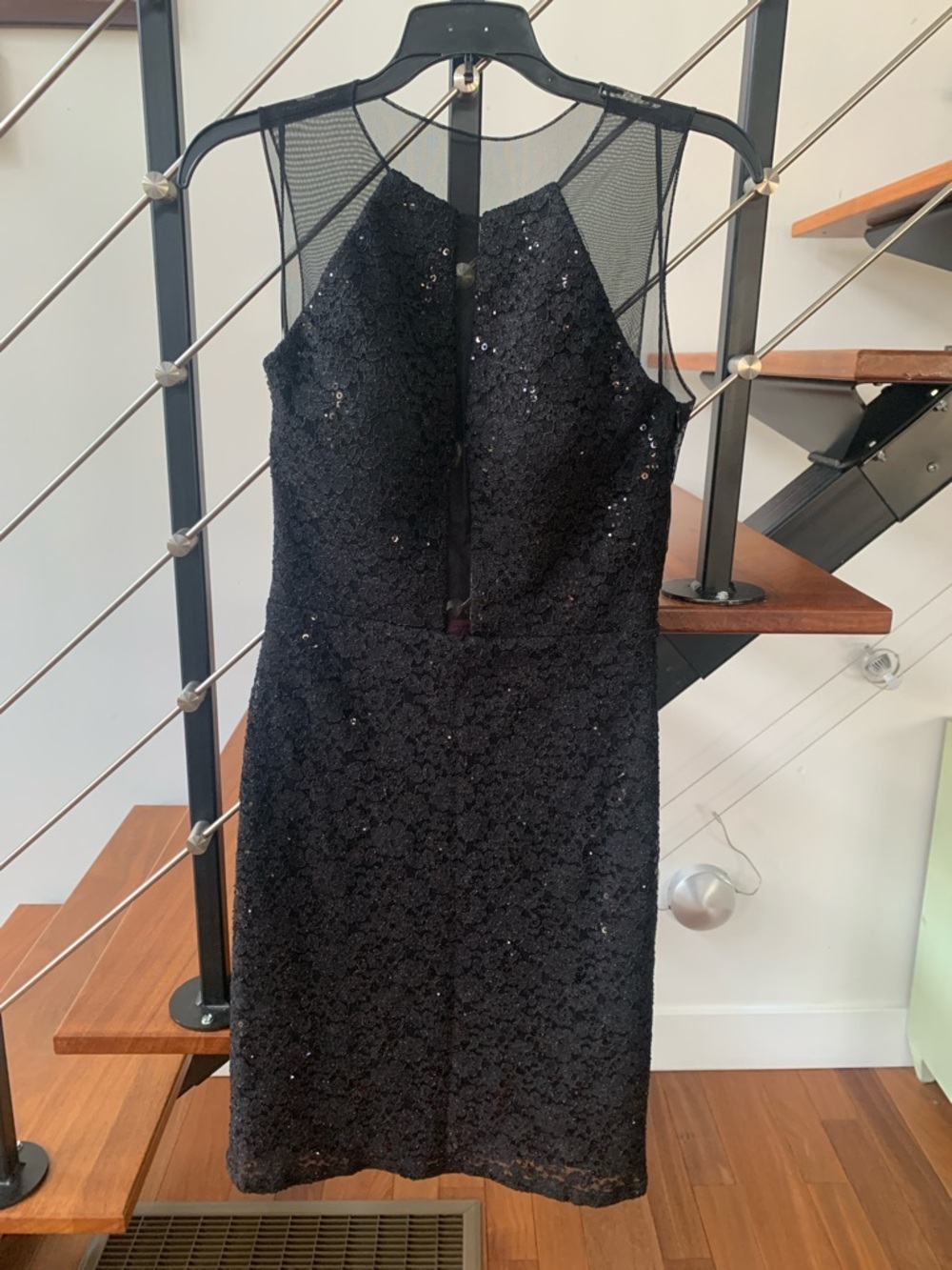 Morgan & Co. Black Sequin Lace Midi Dress with Sheer Yoke